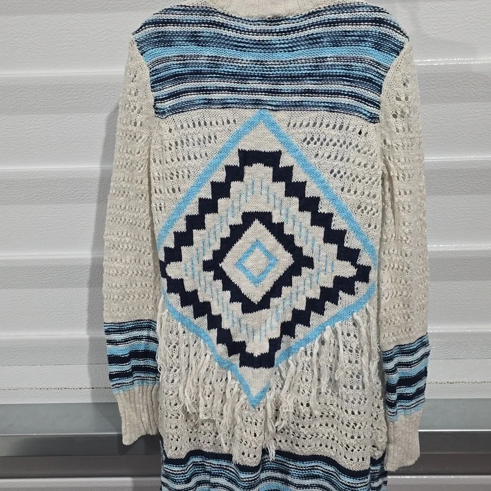 Justice Blue and White Crocheted‎ Style Long Sweater Size 10
